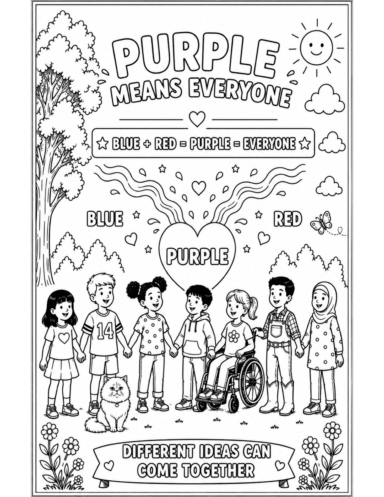 Coloring book page with the message Purple means everyone and children holding hands.